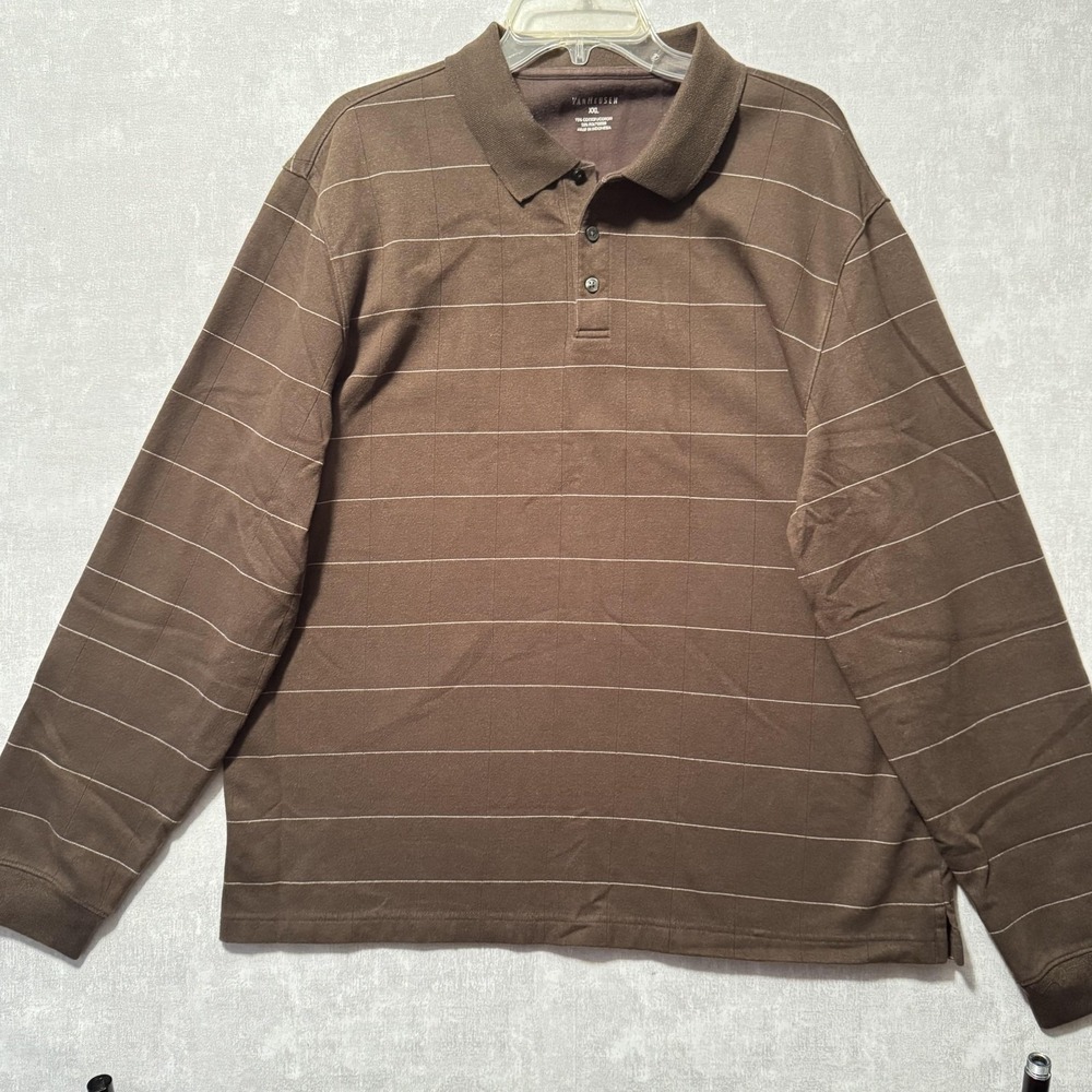Van Heusen Brown Long Sleeve Polo with Subtle Stripe